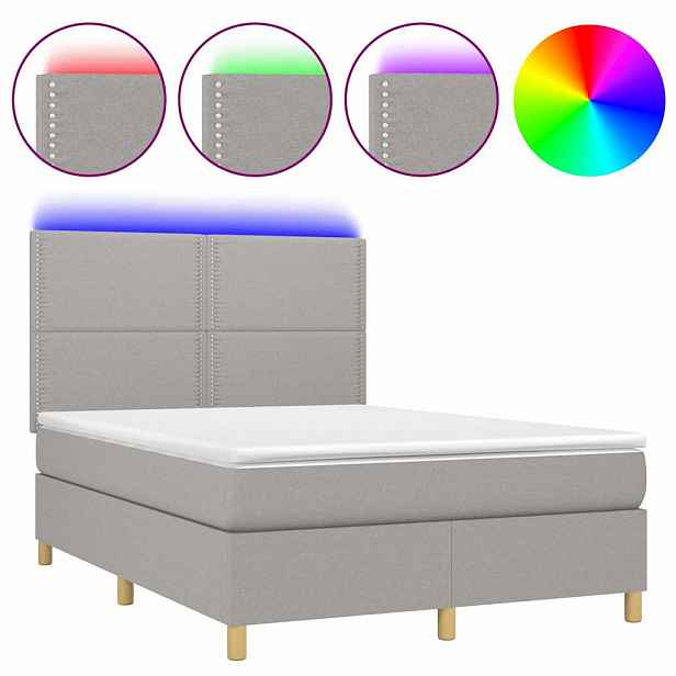 vidaXL Box spring postel s matrací a LED světle šedá 140x200 cm textil