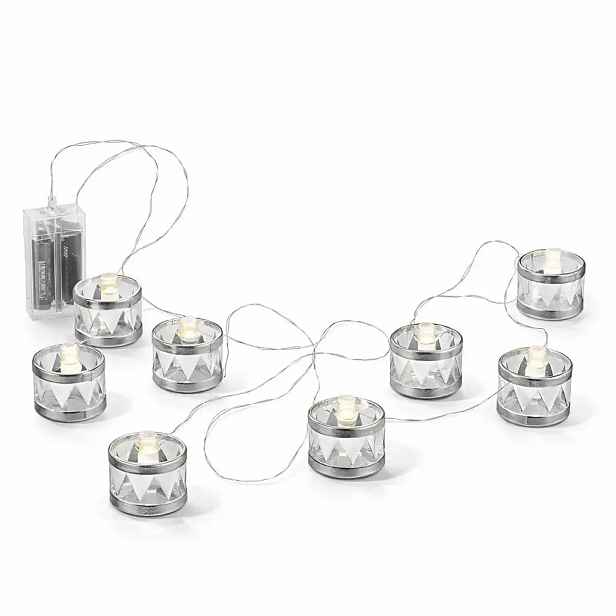 LED dekorační světelný řetěz na baterky 150 cm, stříbrné bubínky, teple bílá, 8 diod, interiér, 2× AA