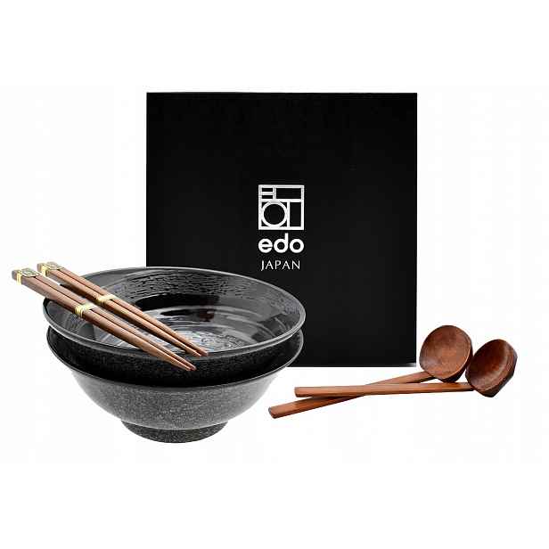 Sada 2 misek s lžícemi a paličkami Ramen Rasen Kuro 22 cm 1100 ml Box