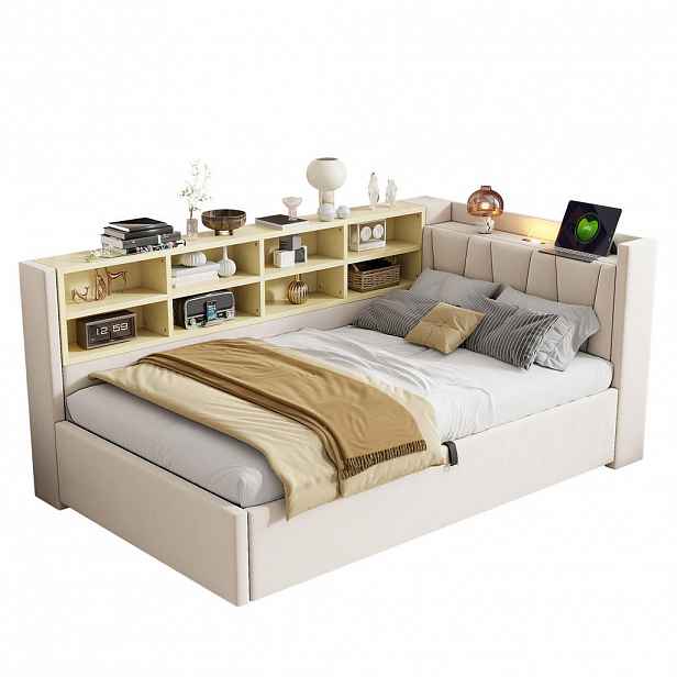 CHICFURN ČALOUNĚNÁ POSTEL 90/200 cm v béžové barvě s úložným prostorem, nočním světlem, USB a Type-C