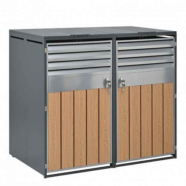 Modfu BOX na odpadkové koše z oceli 132x80x124 cm šedá v dekoru dřeva s hydraulickým víkem