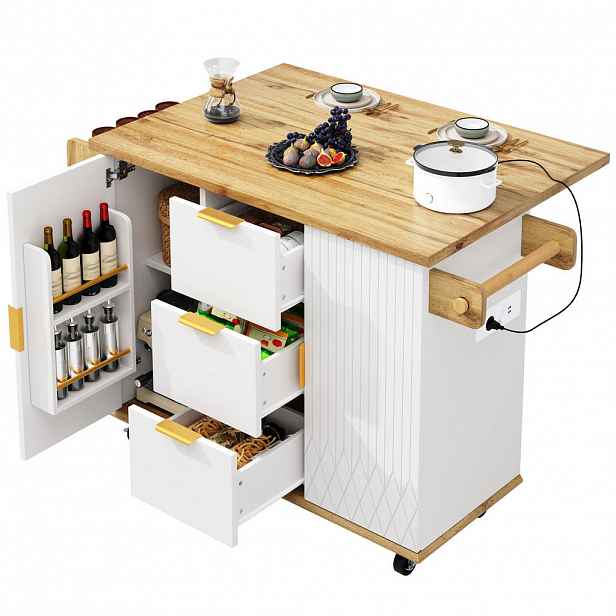 STILVORA KUCHYŇSKÝ VOZÍK bílý na kolečkách s výklopnou pracovní deskou a zásuvkou, 134×46/74×88 cm
