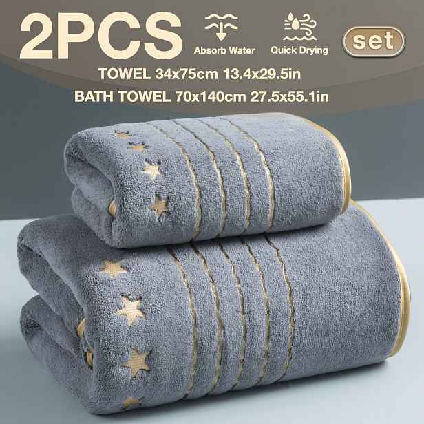 TEMU 2 ks Silně absorpční rychleschnoucí ručníky s zlatým okrajem a vyšívanou zlatou nití, prémiová luxusní sada ručníků a osušek, 70 x 140 cm / 27,5