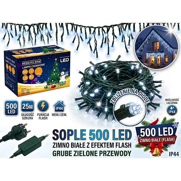 Rampouchy 500 Led Venkovní 25 m Studené Bílé Flash Silné Kabely