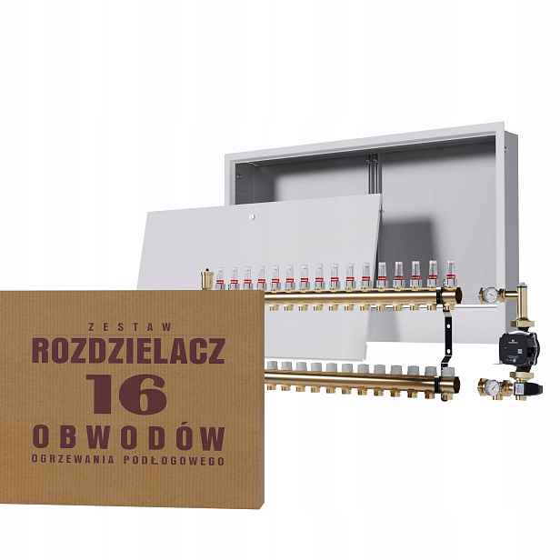Rozdělovač pro podlahu 16 okruhů se skupinou Grundfos podomítková skříňka