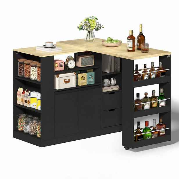 Modfu KUCHYŇSKÝ ostrůvek z MDF 115x50x92 cm černá/přírodní s otočnou a výsuvnou pracovní deskou, policemi a zásuvkami