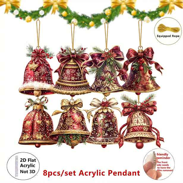 TEMU 2D ploché, 2D ploché 8 ks Vintage Victorian vánoční zvonky Akrylové závěsné ozdoby - Perfektní pro vánoční párty, vánoční stromek, sváteční