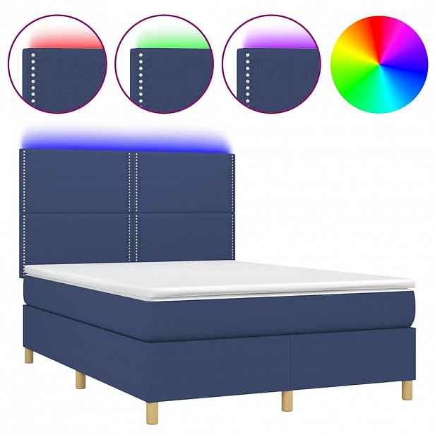 vidaXL Box spring postel s matrací a LED modrá 140x200 cm textil