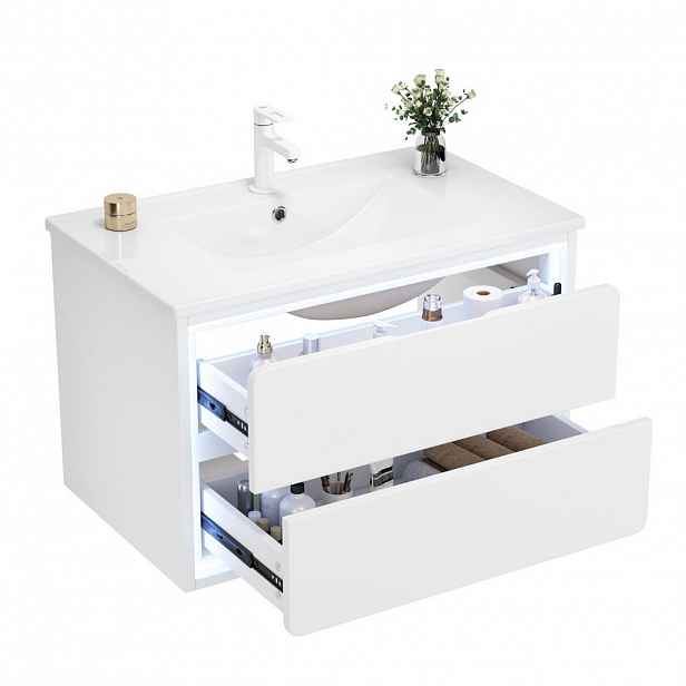 Modfu ZÁVĚSNÁ koupelnová skříňka z MDF 76x46x48,5 cm bílá s keramickým umyvadlem, LED senzorovým osvětlením a 2 zásuvkami