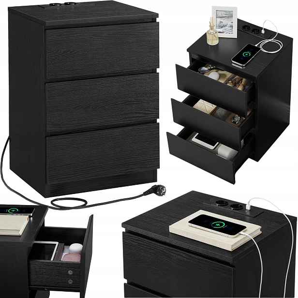 Noční stolek Černý Usb nabíječka 230V Skříňka se zásuvkami 3 zásuvky Loft