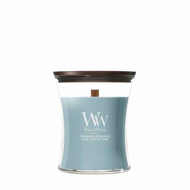 Střední vonná svíčka WoodWick Cedarwood & Ocean Moss