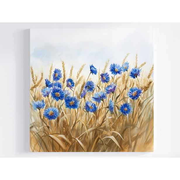 Obraz Na Plátně Canvas Akvarel Vesnice Pole Obilí Květiny Chrpy 50x50
