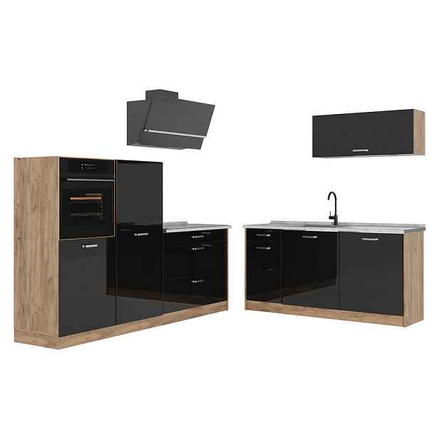 Vicco KUCHYŇSKÝ KOUT R-Line, Černý vysoký lesk/Zlatý mocný dub, 220 cm pracovná doska Mramor