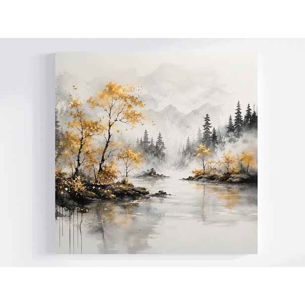 Obraz Na Plátně Canvas Pohled Na Hory Les Stromy Řeka Mlha Podzim 50x50