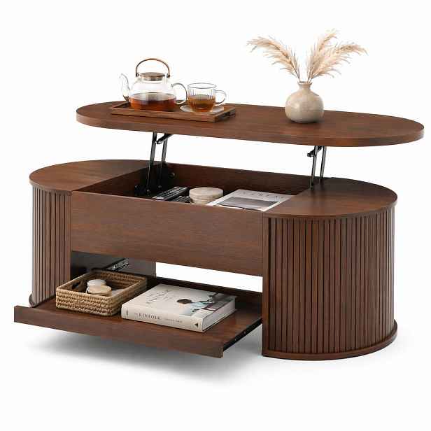CHICFURN KONFERENČNÍ STOLEK v ořechové barvě 110/55,5/40 cm z MDF se zvedací deskou, skrytým úložným prostorem a výsuvnou odkládací plochou