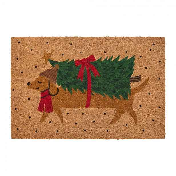 Hnědá kokosová rohožka s jezevčíkem a stromkem Christmas  - 75*45*1 cm Clayre & Eef