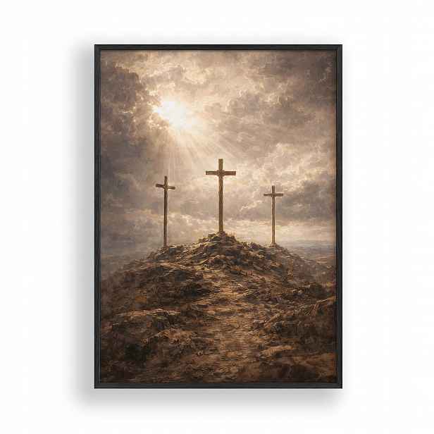 Obraz Tři kříže na kopci Plakát Rámeček Dřevěný Černý 30x42 cm
