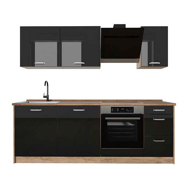 Vicco KUCHYŇSKÝ KOUT R-Line, Černý vysoký lesk/Zlatý mocný dub, 220 cm pracovná doska Dub Goldkraft