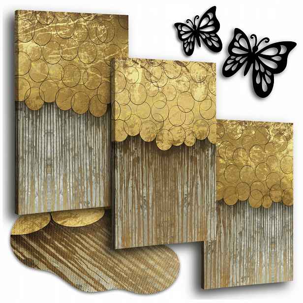 Obraz Na Plátně Zlatý 150x70 cm Obrazy Do Obývacího Pokoje Na Zeď Triptych Set