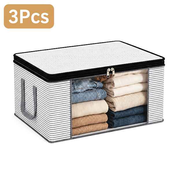 TEMU 3/6ks Extra velké skládací úložné boxy s šedými pruhy, odolné skládací organizéry na oblečení s průhlednými okénky na zip a víky, zesílená ucha,
