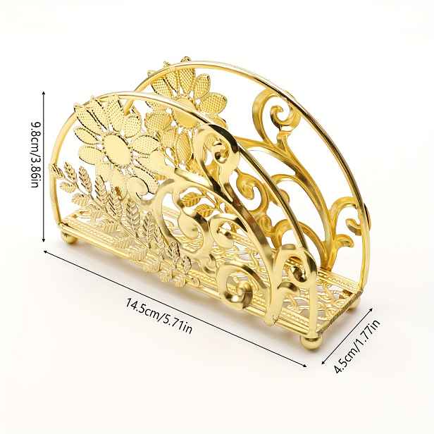 TEMU 1ks Elegantní Zlatý Kovový Stojan na Ubrousky ve Vintage Stylu s Květinovým - Složitý Listový & Květinový Design, Ideální pro Jídelnu, Kuchyni