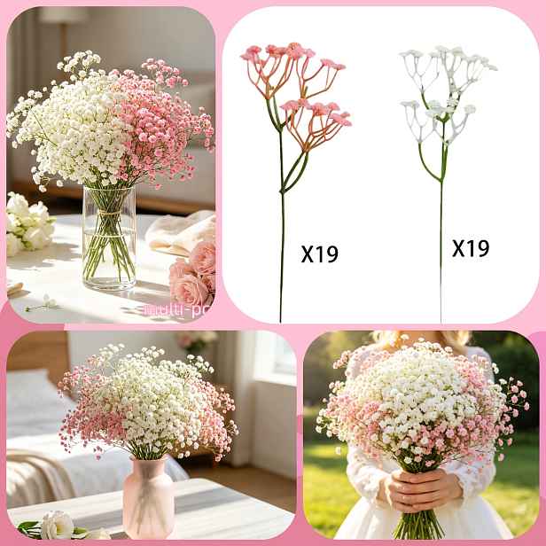TEMU 38 ks - 1140 květů, Vysoce kvalitní umělá gypsophila, Elegantní a realistická kytice gypsophily, Umělé květiny vhodné pro domácí interiérovou