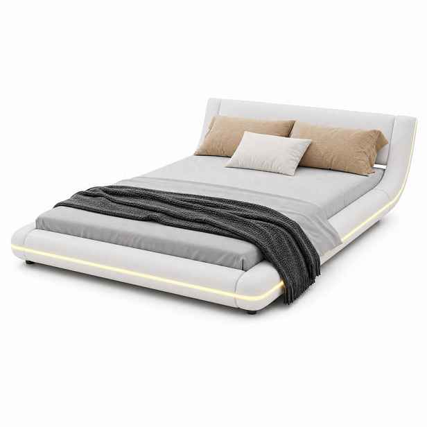 CHICFURN NÍZKÁ POSTEL 140/200 cm v bílé barvě s LED osvětlením z PU