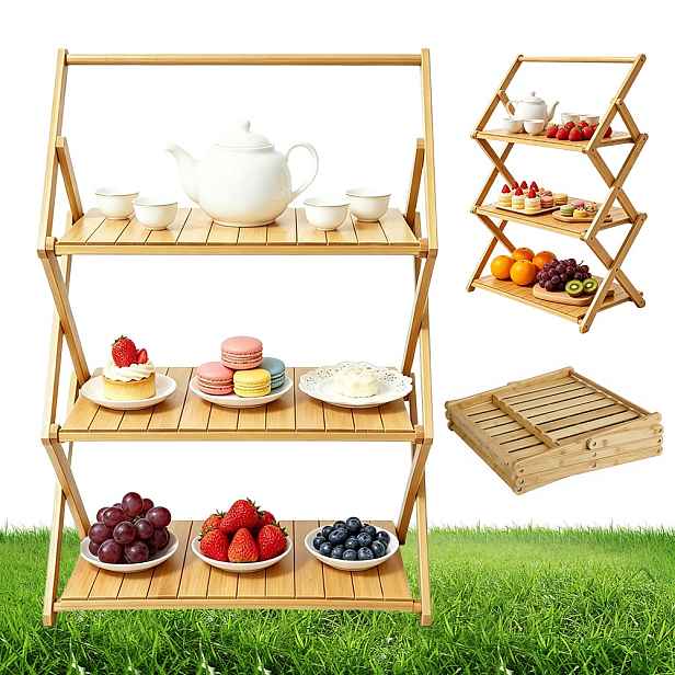 Outdoorová polička z bambusu, skládací, 3-vrstvá, 50×25 cm, vhodná do zahrady na grilování