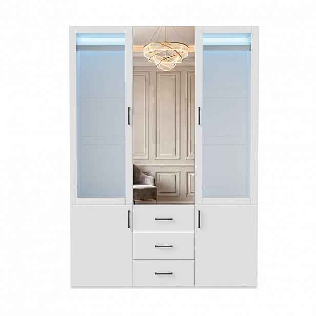 SHOPENTRA SKŘÍŇ 130cm bílá se zrcadlem a LED osvětlením, 3 zásuvky