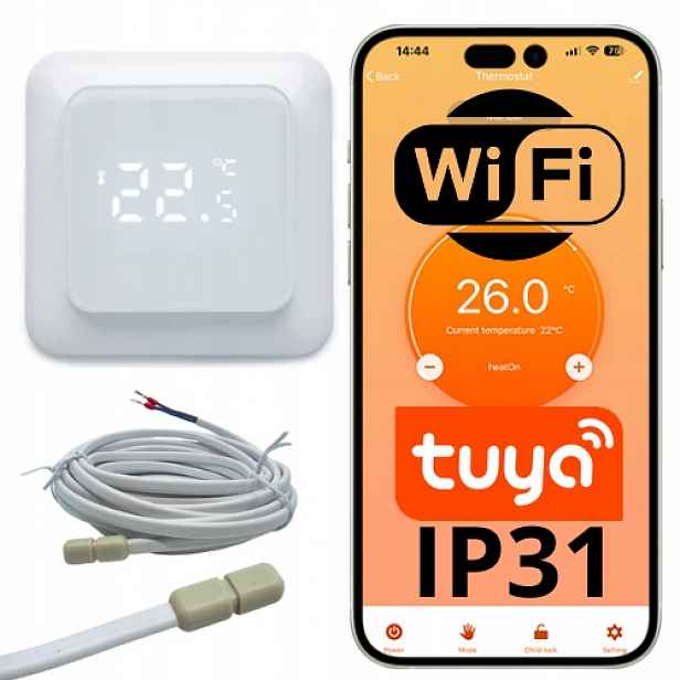 WiFi termostat Tuya 16A IP31 s podlahovým senzorem Ntc pro vytápění 230 V