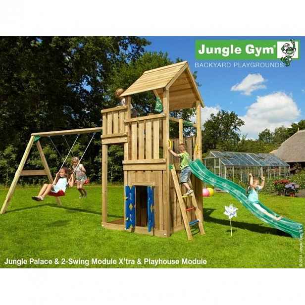 Hřiště Jungle Palace se skluzavkou, modulem Playhouse a houpačkami 2-Swing Frame
