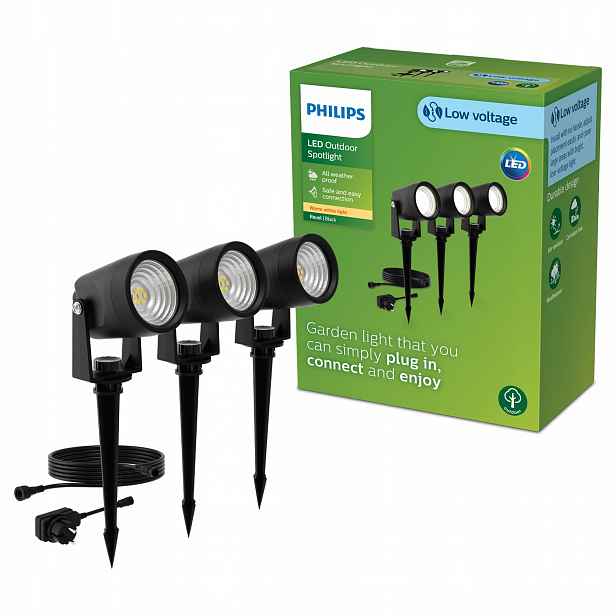 3x Led reflektorová zahradní lampa 1.5W 180lm 2700K Černá Reuel Ultra Philips