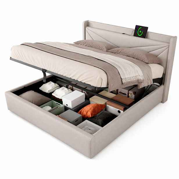 CHICFURN ČALOUNĚNÁ POSTEL 160/200 cm v béžové látce s úložným prostorem, USB a Type-C
