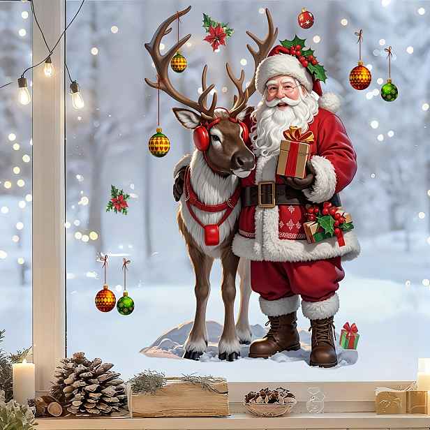 TEMU 1 ks Vánoční samolepky s jezevci a Santa Claus pro dekoraci, s barevnými koulemi a dárkovými prvky, sváteční okenní obtisky, PVC statické