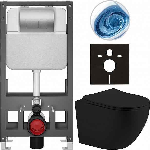 Kompletní WC set Basic/Cesso - černá matná - WC tlačítko Modulo/Stříbrná - volně stojící - předstěnová instalace - 49x36 cm - 8050BD86237