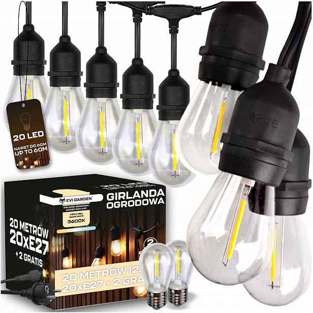 Zahradní Světelná Girlanda Venkovní 20 M Žárovky 20+2 Led Světla do 60 m