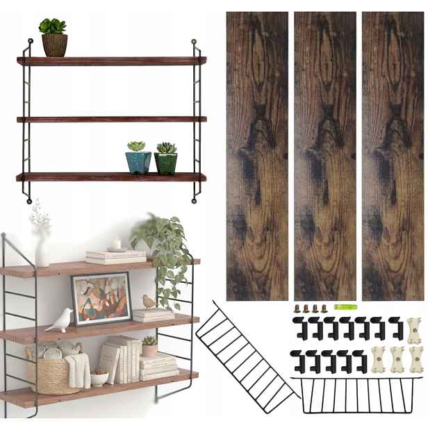 Černá Kovová Police Na Stěnu Loft Obývací Pokoj Závěsná 3-úrovňová 52×13×60 cm