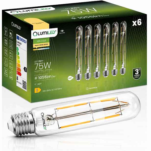 6x Led žárovka E27 Tubulární T30 8W 75W 1055lm 3000K Teplá 360° Filament