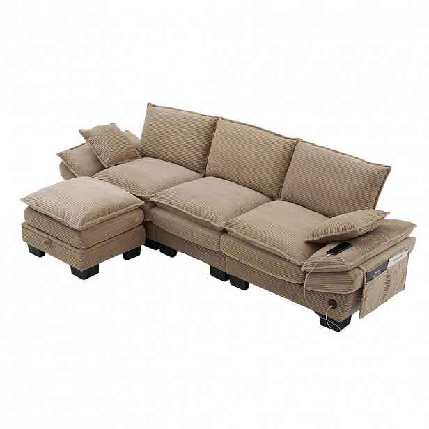 Modfu MODULÁRNÍ 3místná pohovka z manšestru 260x132x84 cm khaki s taburetem, USB-C portem a bočními kapsami