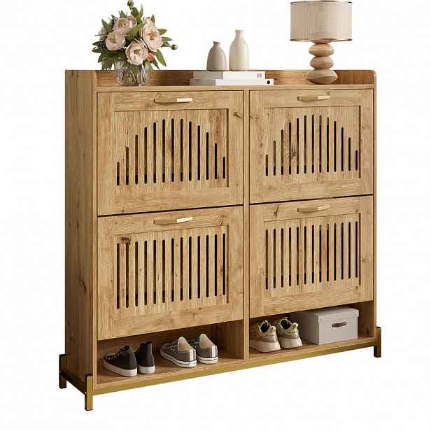 Modfu BOTNÍK z MDF 108,5x24x100 cm v dekoru dřeva se 4 dvířky a horní odkládací plochou, úsporné řešení