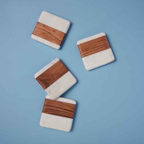 Be Home Sada 4 podtácků White Marble & Wood, 10×10 cm, bílé 58-73W