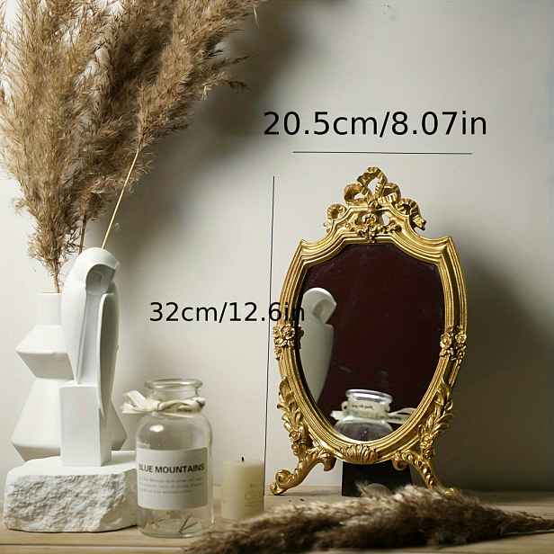 TEMU Francouzské vintage zrcadlo na make-up, dvorní styl, řezbářské zlaté zrcadlo, stolní zrcadlo Ins stolní toaletu