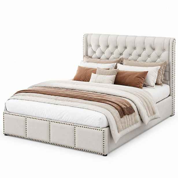 CHICFURN ČALOUNĚNÁ POSTEL 160/200 cm v šedé barvě s úložným prostorem z bavlněno-lněné látky