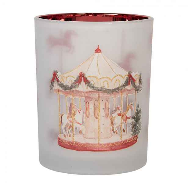 Skleněný svícen na čajovou svíčku kolotoč Christmas Carousel - Ø 10*13 cm Clayre & Eef