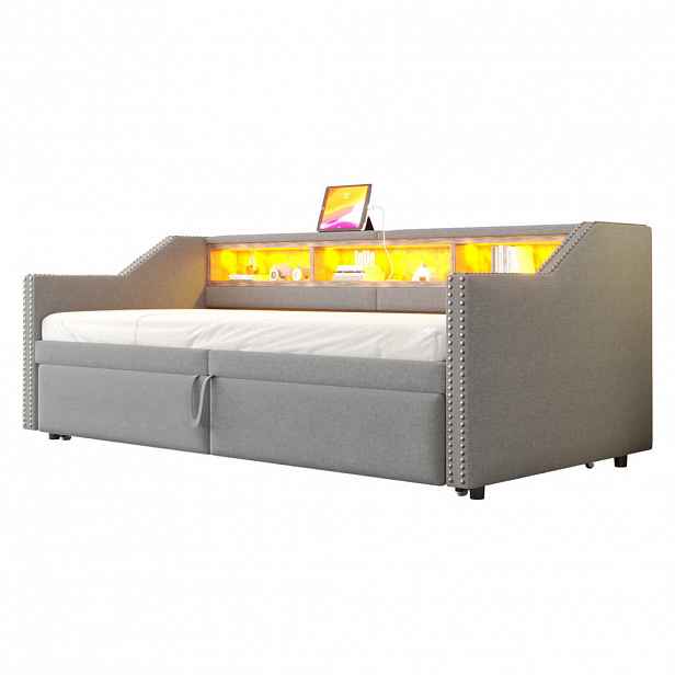 CHICFURN ROZKLÁDACÍ POHOVKA 90/200 cm & 180/200 cm ve světle šedé barvě s LED a USB