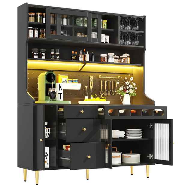 Modenvie BUFFET skříň 145/39/171 cm z MDF a skla v černé barvě s LED osvětlením