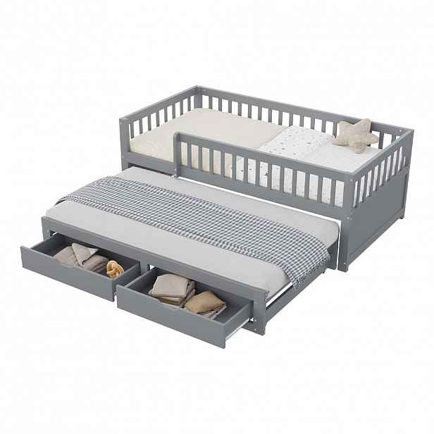CHICFURN POSTEL 90/200 cm v šedé barvě s výsuvným lůžkem a 2 zásuvkami