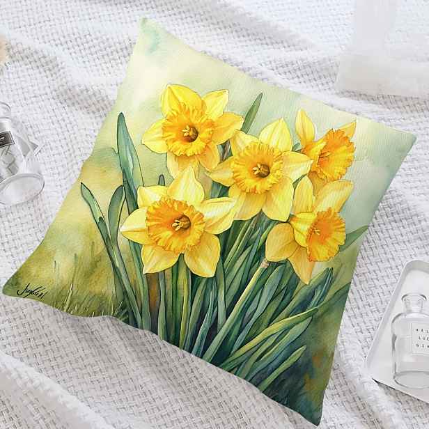 TEMU 1ks Vintage stylu žluté narcisy vodní barvy Tisknutá polštářová obálka, 18x18 palců, Strojově práshná, Polyester 100%, Dvojitý krátký plyš,