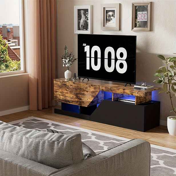 TEMU TV Stojan s LED, Boční Skříňka/TV Stůl/Nízká Skříňka, Moderní TV Stojan se Dvěma Výklopnými Dveřmi, Otevřený TV Stojan, Základna TV Stolu, TV