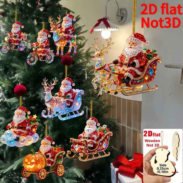 TEMU [2D Plochý] Sada 8 ks, Nové zábavné 2D reliéfní dřevěné domácí závěsné ozdoby, Vánoce, Den , Den otců Santa Claus sedící cestovní nástroj ,